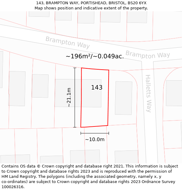 143, BRAMPTON WAY, PORTISHEAD, BRISTOL, BS20 6YX: Plot and title map