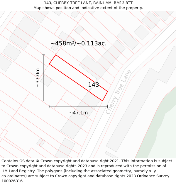 143, CHERRY TREE LANE, RAINHAM, RM13 8TT: Plot and title map