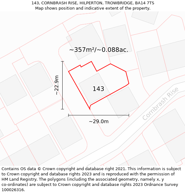 143, CORNBRASH RISE, HILPERTON, TROWBRIDGE, BA14 7TS: Plot and title map