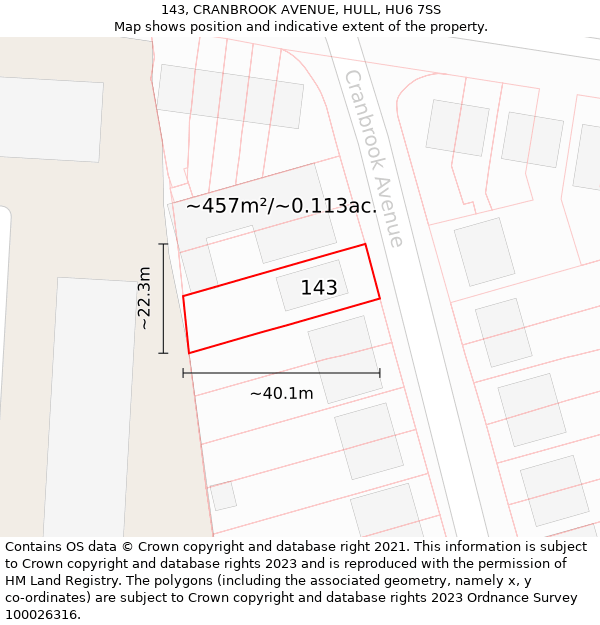 143, CRANBROOK AVENUE, HULL, HU6 7SS: Plot and title map