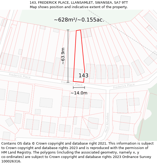 143, FREDERICK PLACE, LLANSAMLET, SWANSEA, SA7 9TT: Plot and title map