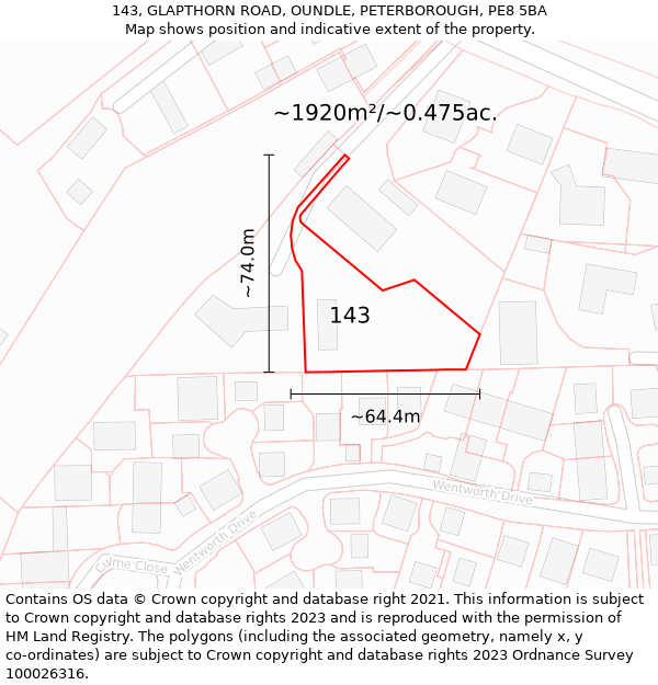 143, GLAPTHORN ROAD, OUNDLE, PETERBOROUGH, PE8 5BA: Plot and title map