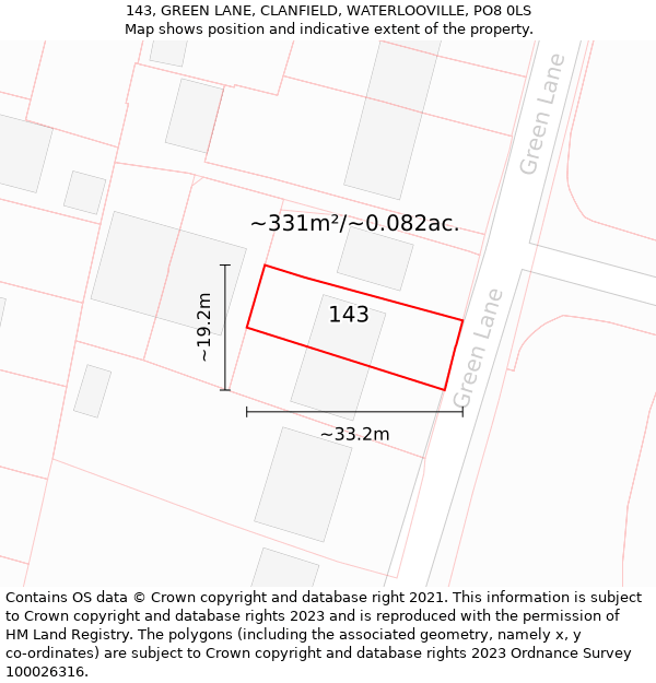 143, GREEN LANE, CLANFIELD, WATERLOOVILLE, PO8 0LS: Plot and title map