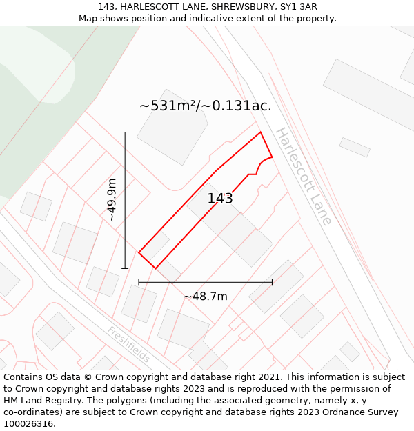 143, HARLESCOTT LANE, SHREWSBURY, SY1 3AR: Plot and title map