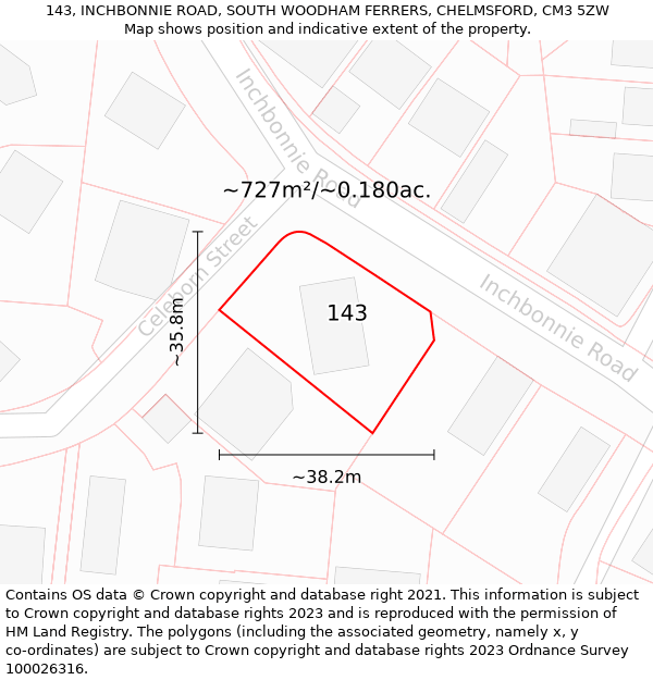 143, INCHBONNIE ROAD, SOUTH WOODHAM FERRERS, CHELMSFORD, CM3 5ZW: Plot and title map