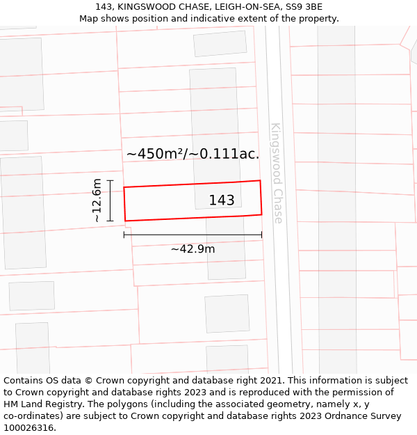 143, KINGSWOOD CHASE, LEIGH-ON-SEA, SS9 3BE: Plot and title map