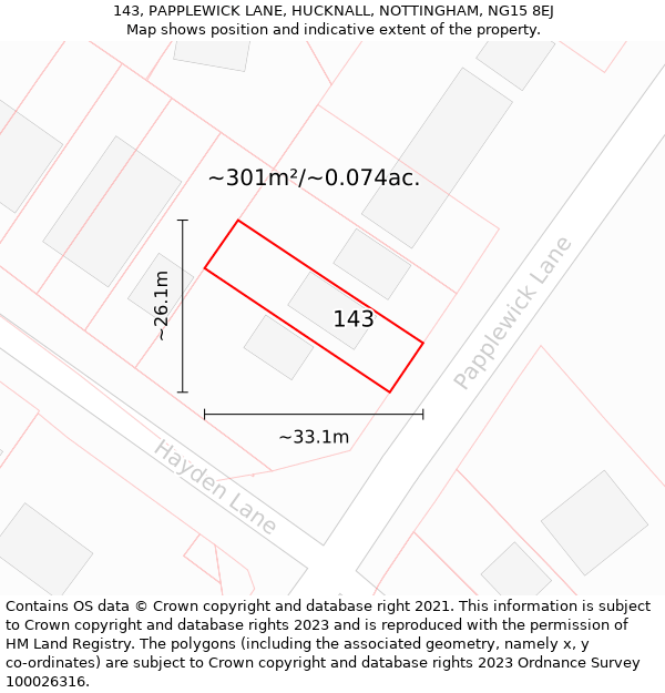 143, PAPPLEWICK LANE, HUCKNALL, NOTTINGHAM, NG15 8EJ: Plot and title map