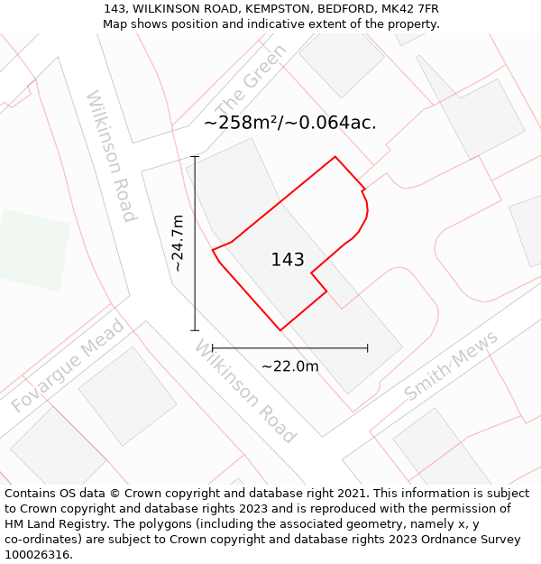 143, WILKINSON ROAD, KEMPSTON, BEDFORD, MK42 7FR: Plot and title map