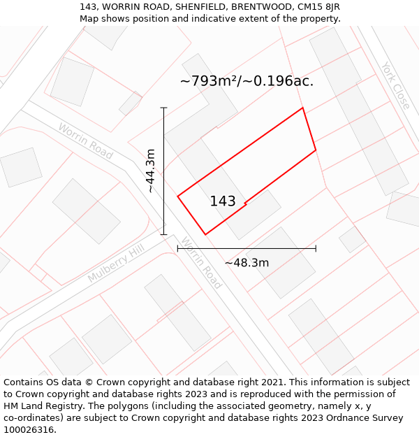 143, WORRIN ROAD, SHENFIELD, BRENTWOOD, CM15 8JR: Plot and title map