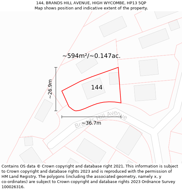 144, BRANDS HILL AVENUE, HIGH WYCOMBE, HP13 5QP: Plot and title map