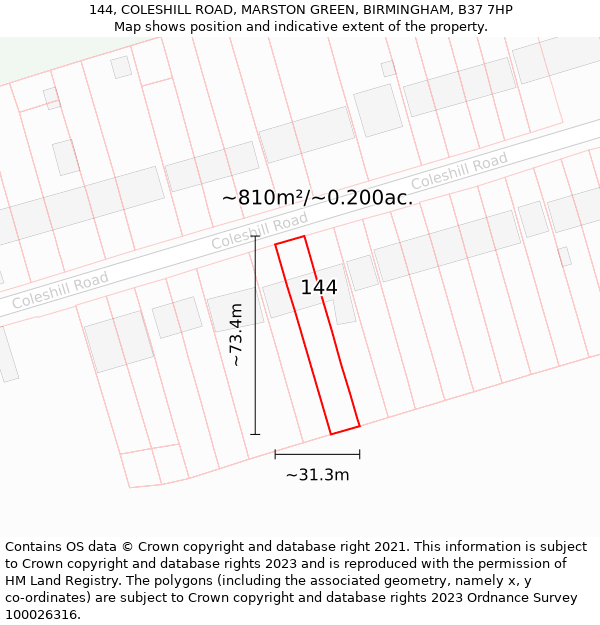 144, COLESHILL ROAD, MARSTON GREEN, BIRMINGHAM, B37 7HP: Plot and title map