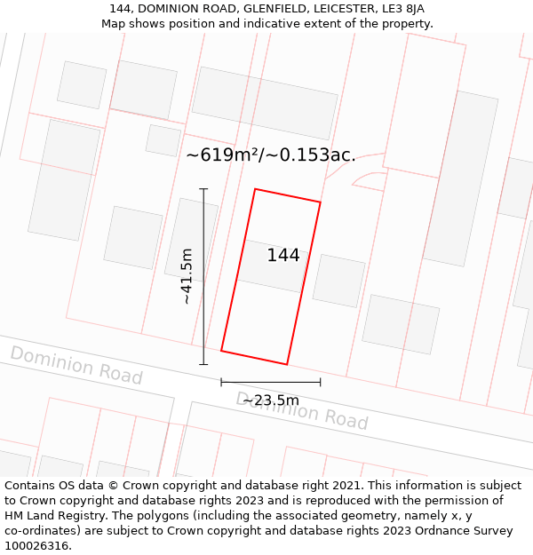 144, DOMINION ROAD, GLENFIELD, LEICESTER, LE3 8JA: Plot and title map