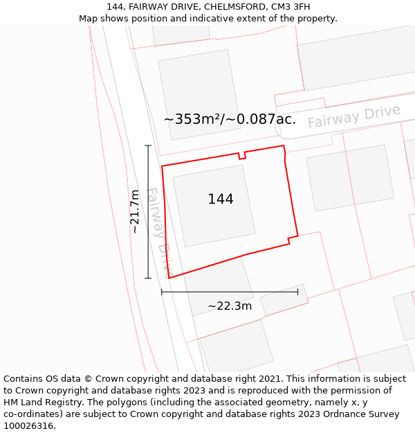 144, FAIRWAY DRIVE, CHELMSFORD, CM3 3FH: Plot and title map