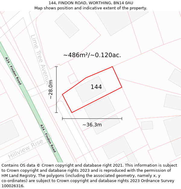 144, FINDON ROAD, WORTHING, BN14 0AU: Plot and title map