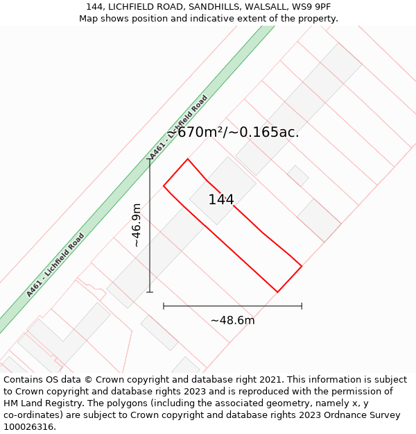 144, LICHFIELD ROAD, SANDHILLS, WALSALL, WS9 9PF: Plot and title map