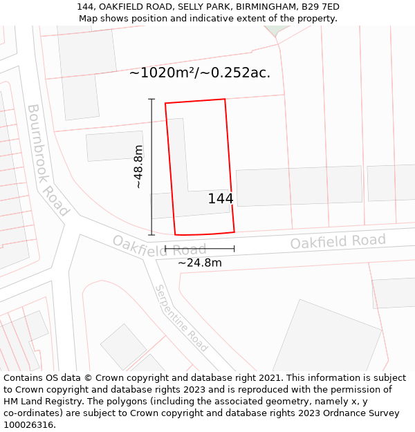 144, OAKFIELD ROAD, SELLY PARK, BIRMINGHAM, B29 7ED: Plot and title map