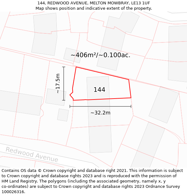 144, REDWOOD AVENUE, MELTON MOWBRAY, LE13 1UF: Plot and title map