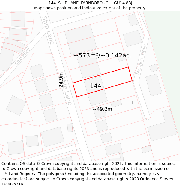 144, SHIP LANE, FARNBOROUGH, GU14 8BJ: Plot and title map