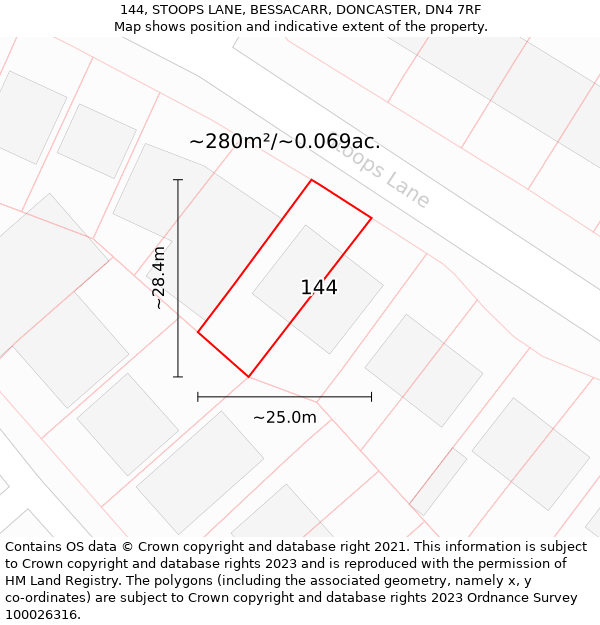 144, STOOPS LANE, BESSACARR, DONCASTER, DN4 7RF: Plot and title map