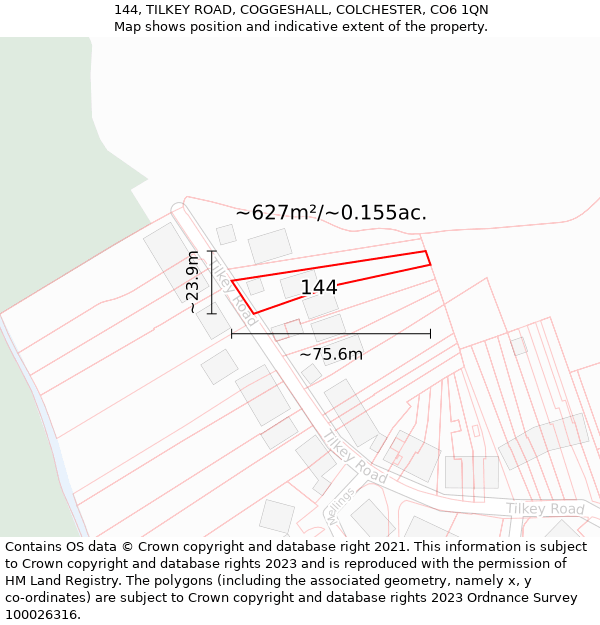 144, TILKEY ROAD, COGGESHALL, COLCHESTER, CO6 1QN: Plot and title map