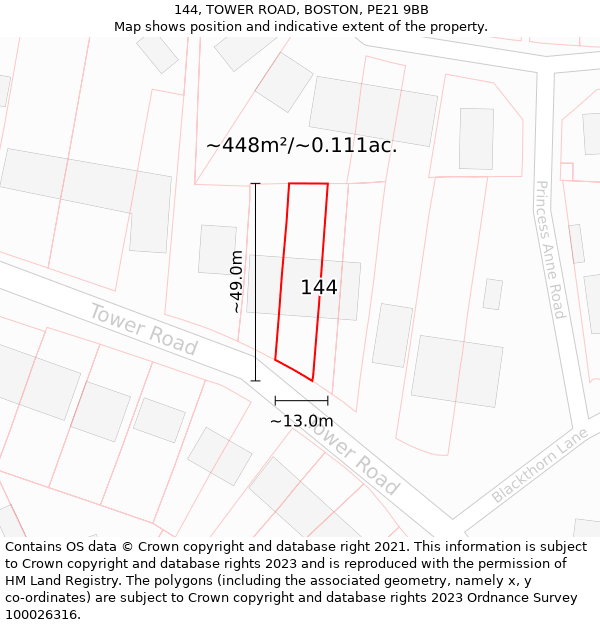 144, TOWER ROAD, BOSTON, PE21 9BB: Plot and title map