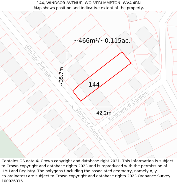 144, WINDSOR AVENUE, WOLVERHAMPTON, WV4 4BN: Plot and title map