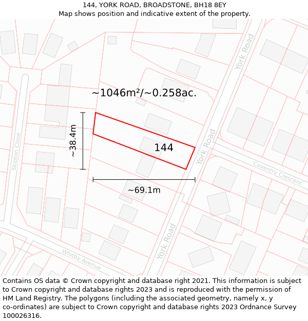 144, YORK ROAD, BROADSTONE, BH18 8EY: Plot and title map