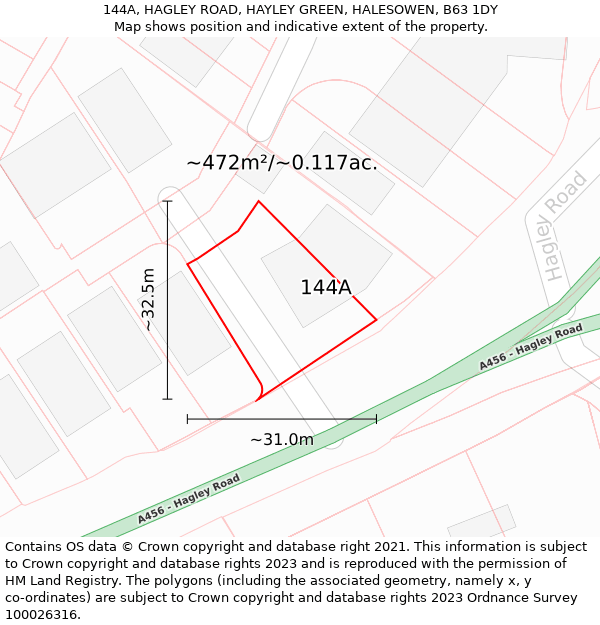 144A, HAGLEY ROAD, HAYLEY GREEN, HALESOWEN, B63 1DY: Plot and title map