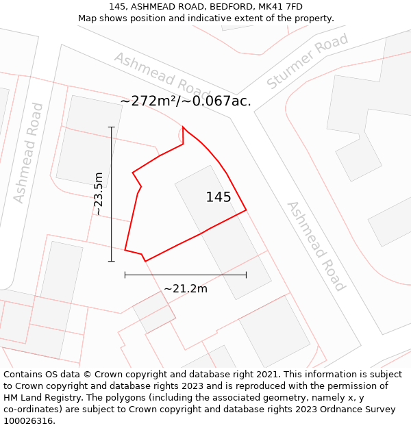 145, ASHMEAD ROAD, BEDFORD, MK41 7FD: Plot and title map