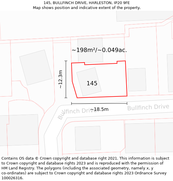 145, BULLFINCH DRIVE, HARLESTON, IP20 9FE: Plot and title map