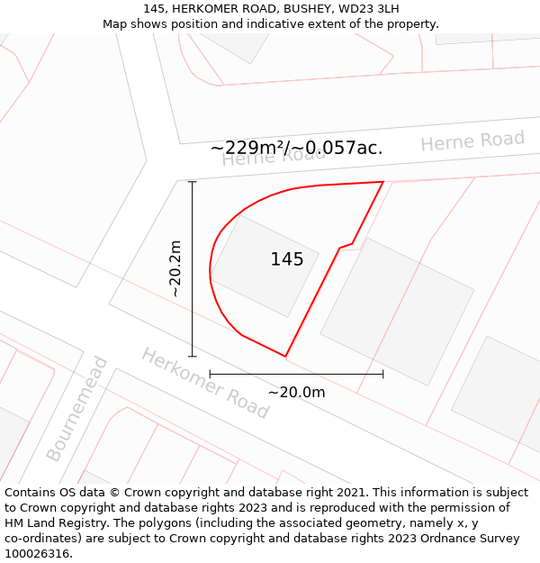145, HERKOMER ROAD, BUSHEY, WD23 3LH: Plot and title map