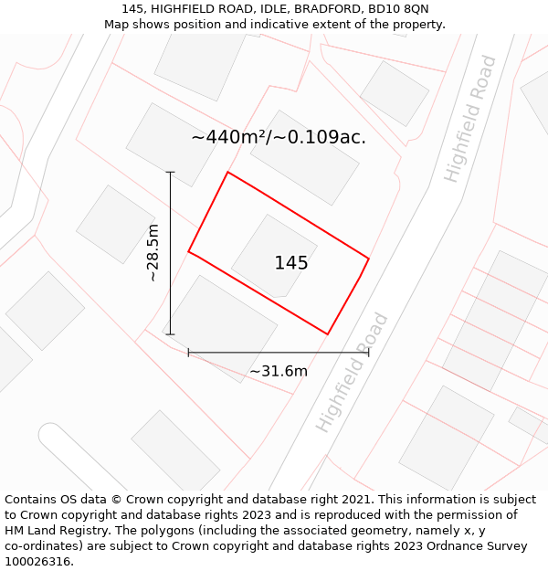 145, HIGHFIELD ROAD, IDLE, BRADFORD, BD10 8QN: Plot and title map