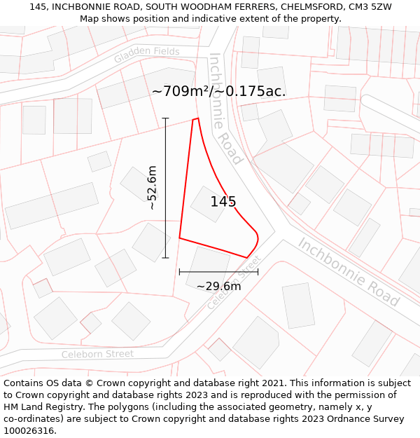 145, INCHBONNIE ROAD, SOUTH WOODHAM FERRERS, CHELMSFORD, CM3 5ZW: Plot and title map