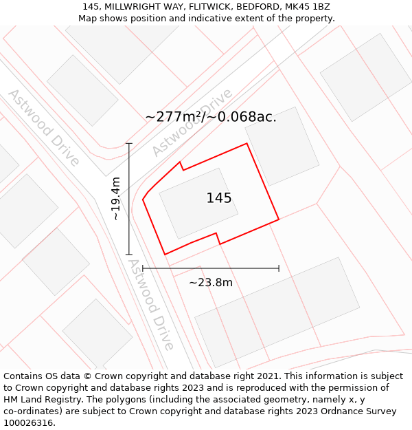 145, MILLWRIGHT WAY, FLITWICK, BEDFORD, MK45 1BZ: Plot and title map