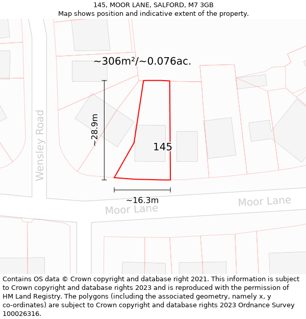 145, MOOR LANE, SALFORD, M7 3GB: Plot and title map