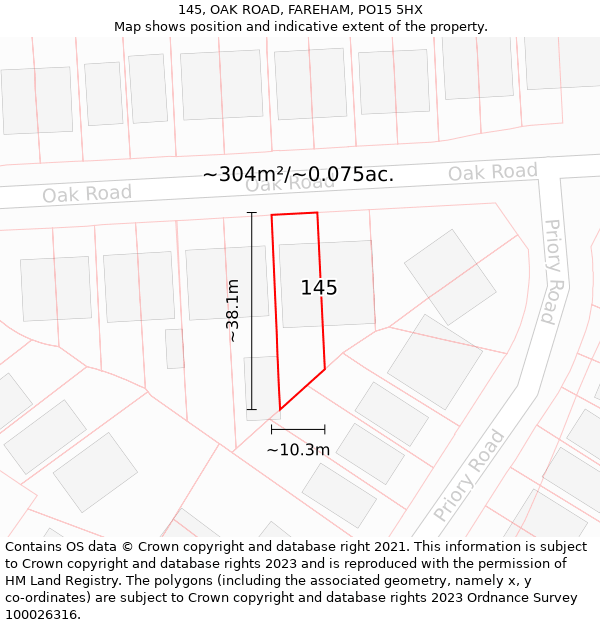 145, OAK ROAD, FAREHAM, PO15 5HX: Plot and title map