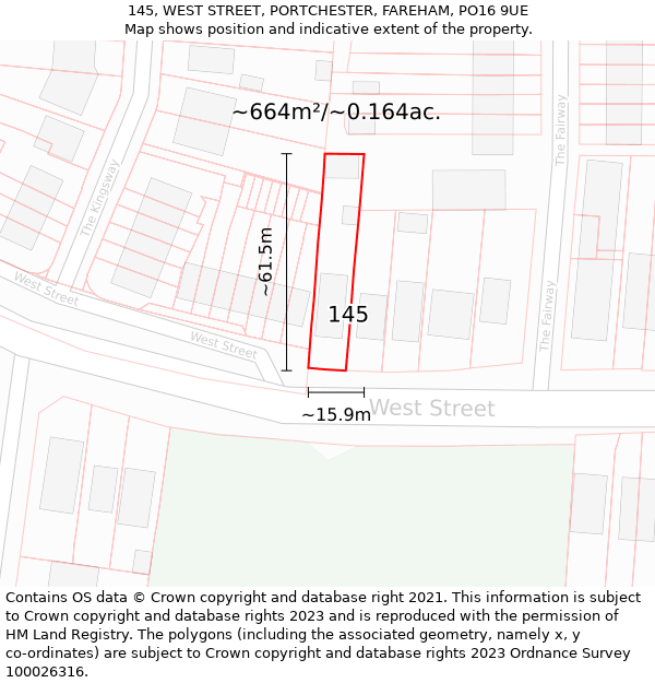 145, WEST STREET, PORTCHESTER, FAREHAM, PO16 9UE: Plot and title map