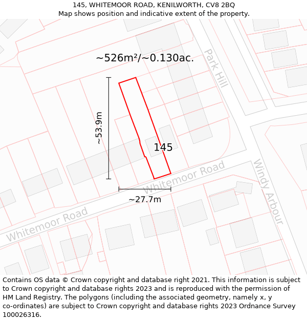 145, WHITEMOOR ROAD, KENILWORTH, CV8 2BQ: Plot and title map