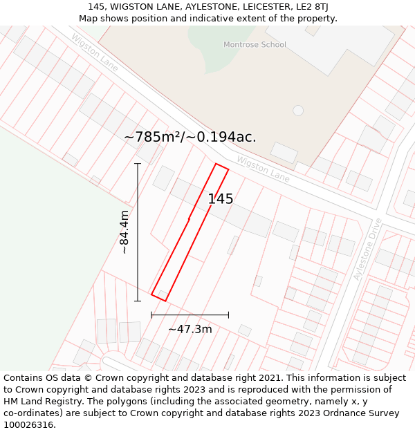 145, WIGSTON LANE, AYLESTONE, LEICESTER, LE2 8TJ: Plot and title map