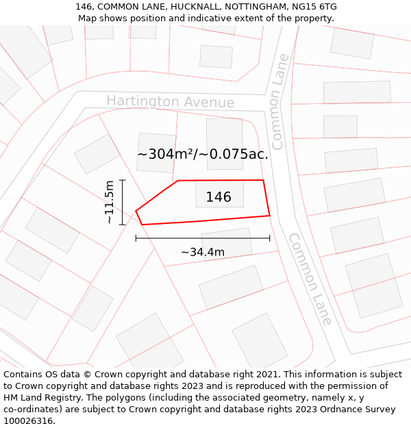 146, COMMON LANE, HUCKNALL, NOTTINGHAM, NG15 6TG: Plot and title map