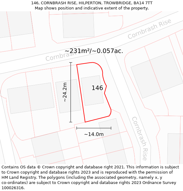 146, CORNBRASH RISE, HILPERTON, TROWBRIDGE, BA14 7TT: Plot and title map