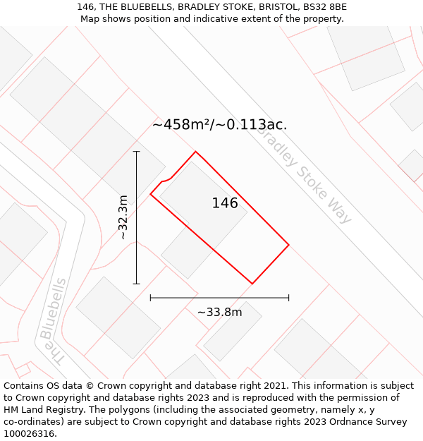 146, THE BLUEBELLS, BRADLEY STOKE, BRISTOL, BS32 8BE: Plot and title map