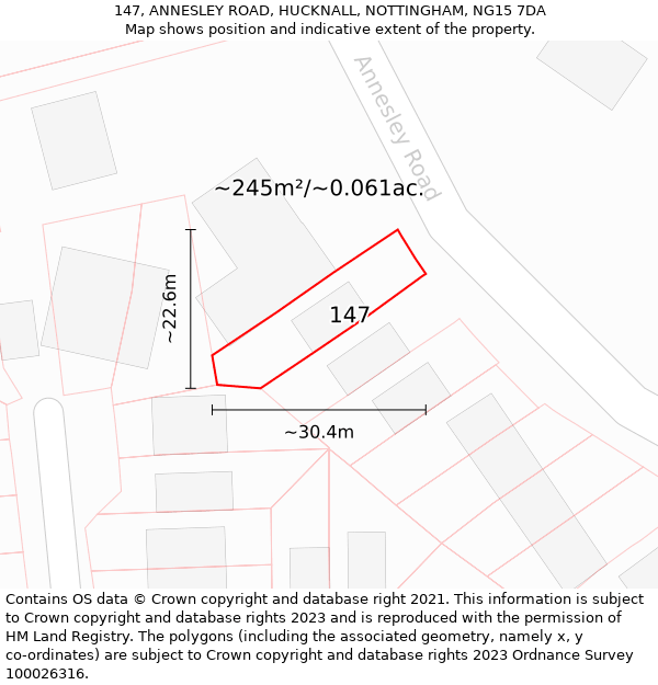 147, ANNESLEY ROAD, HUCKNALL, NOTTINGHAM, NG15 7DA: Plot and title map