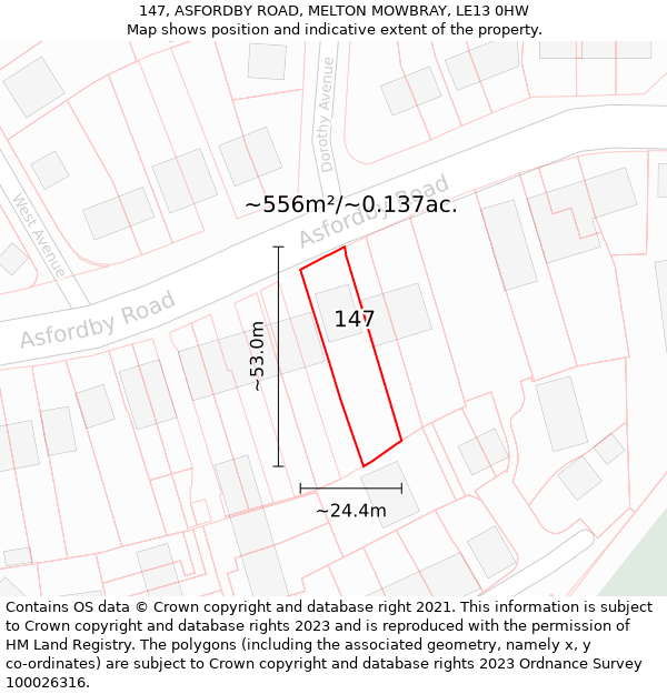 147, ASFORDBY ROAD, MELTON MOWBRAY, LE13 0HW: Plot and title map