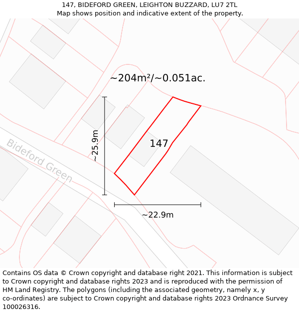 147, BIDEFORD GREEN, LEIGHTON BUZZARD, LU7 2TL: Plot and title map