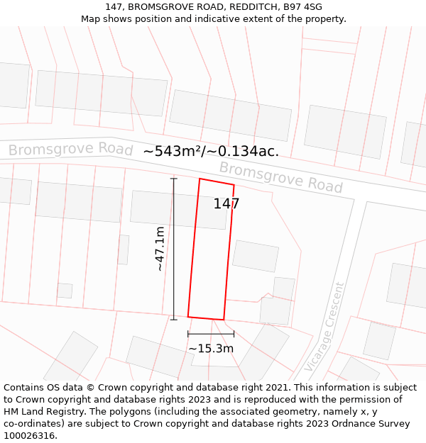 147, BROMSGROVE ROAD, REDDITCH, B97 4SG: Plot and title map