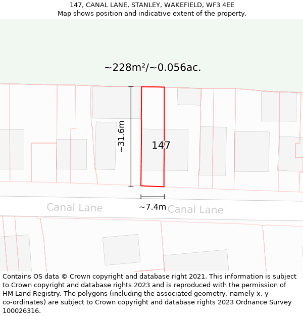 147, CANAL LANE, STANLEY, WAKEFIELD, WF3 4EE: Plot and title map