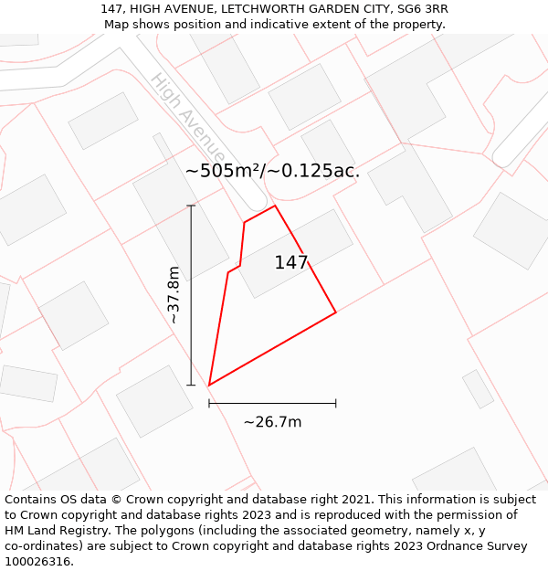 147, HIGH AVENUE, LETCHWORTH GARDEN CITY, SG6 3RR: Plot and title map