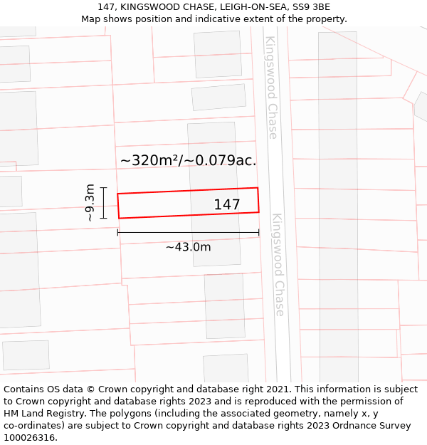 147, KINGSWOOD CHASE, LEIGH-ON-SEA, SS9 3BE: Plot and title map