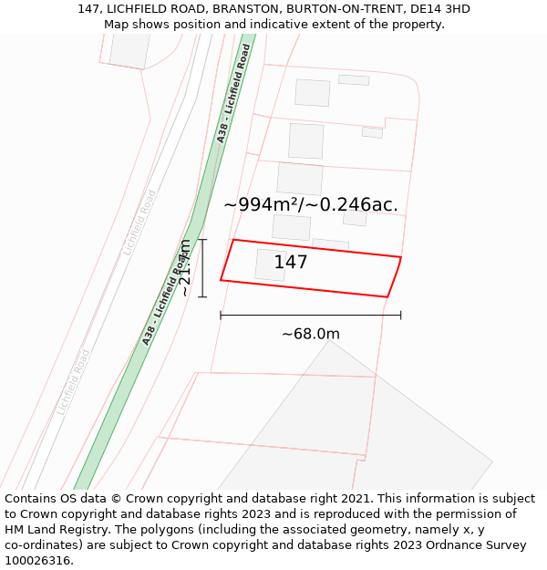 147, LICHFIELD ROAD, BRANSTON, BURTON-ON-TRENT, DE14 3HD: Plot and title map